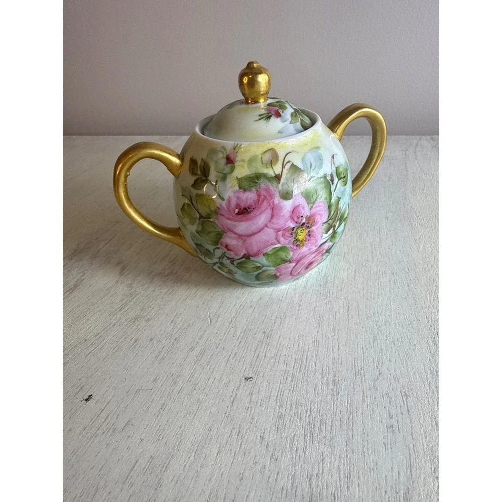 Vintage‎ Hand Painted Porcelain Sugar Bowl Pink Rose Floral Gold Gilt Handles